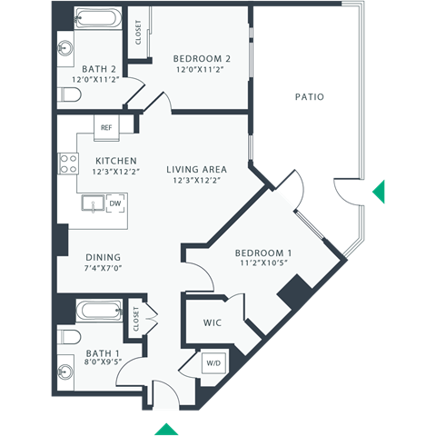 Floor plan for 2 beds, 2 baths, 1011 sqft